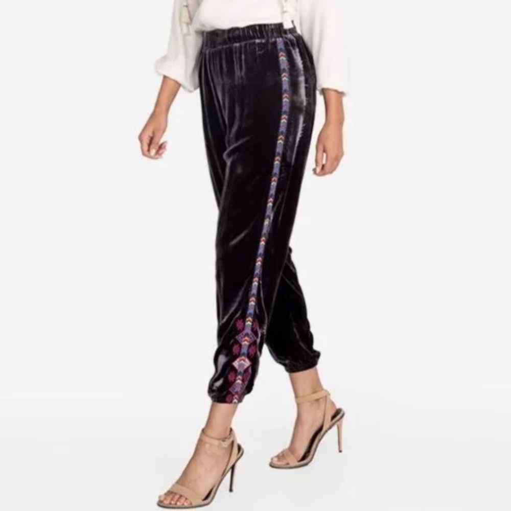 Johnny Was Embroidered Crushed Velvet Joggers